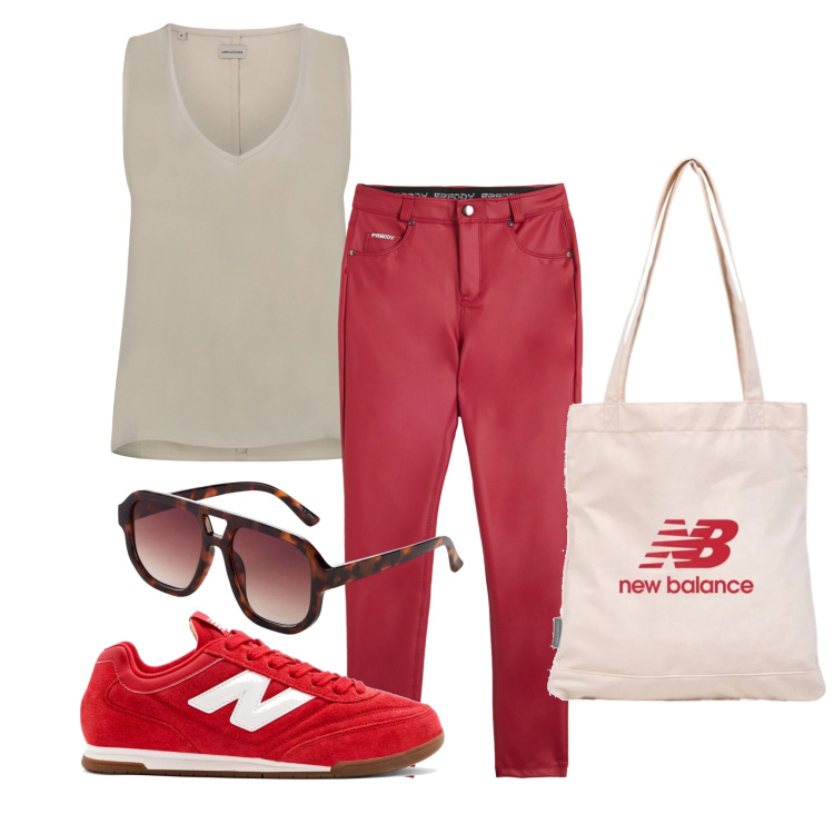 Outfit donna - New Balance. Stile Basic per Sport. Abbinamento con occhiali da sole, sneakers, shopping bag, pantaloni skinny, top.