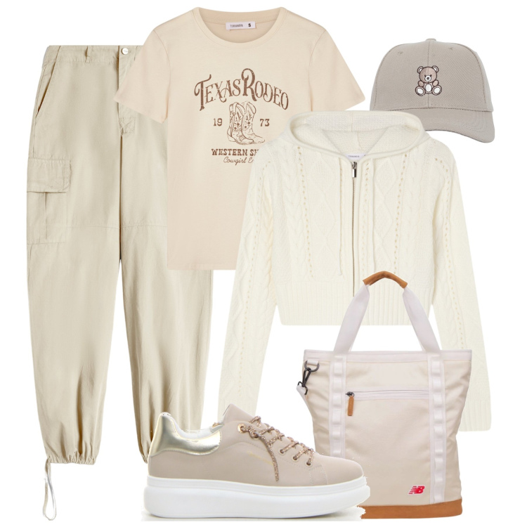 Outfit donna - Sentieri in montagna. Stile Casual per Tutti i giorni. Abbinamento con cardigans, cappelli con visiera, t-shirt, shopping bag, pantaloni cargo, sneakers.
