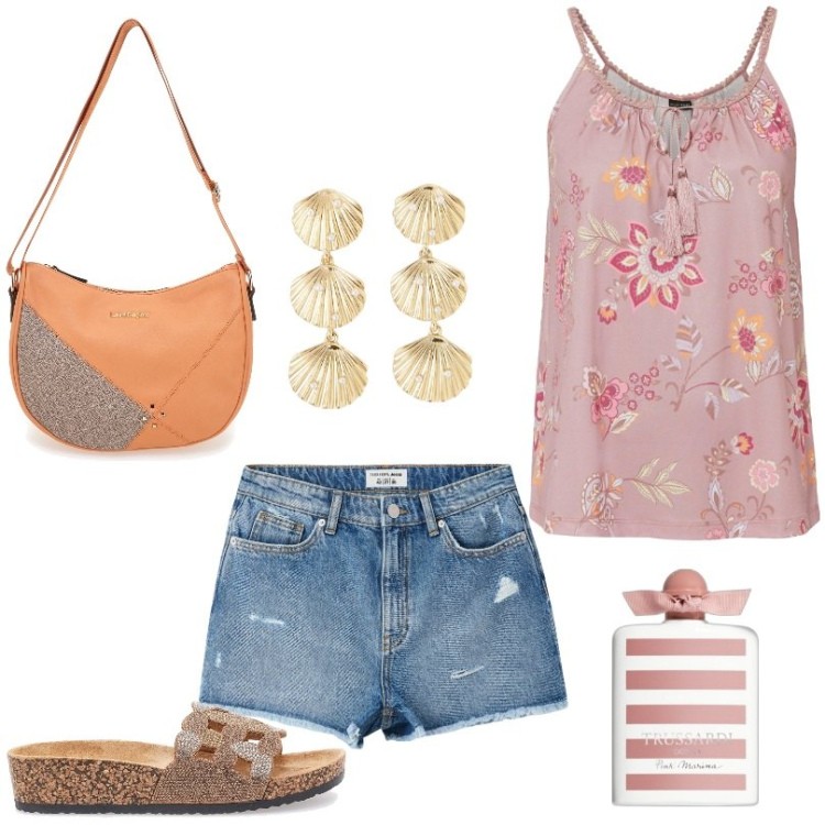 Outfit donna - Total look #2215184. Stile Basic per Tutti i giorni. Abbinamento con top, profumi, shorts, orecchini, borse a tracolla, ciabatte.