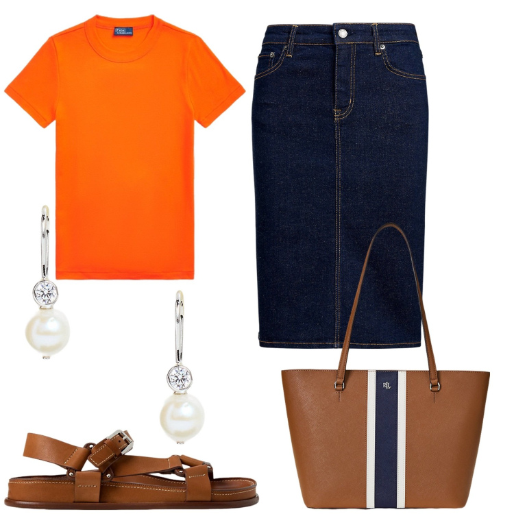 Outfit donna - Arancione caldo. Stile Basic per Ufficio. Abbinamento con gonne, sandali in pelle, borse tote, t-shirt, orecchini.