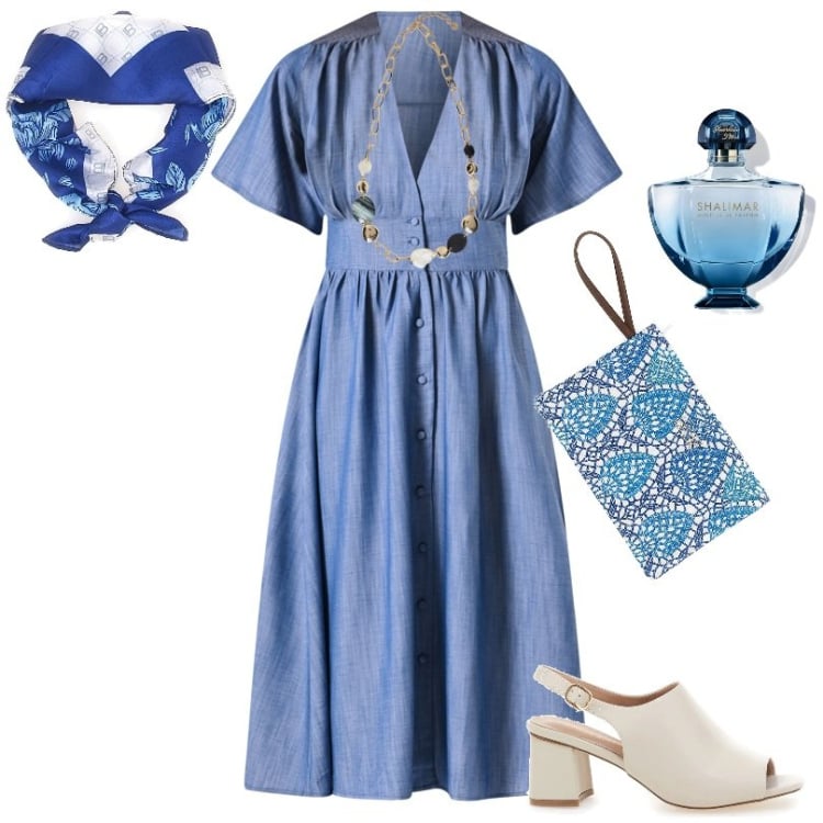Outfit donna - Stagione calda. Stile Basic per Ufficio. Abbinamento con profumi, vestiti chemisier, sandali col tacco, pochette, collane, foulard.