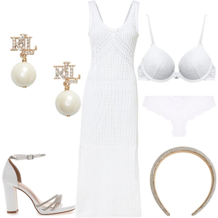 Outfit donna - Sposa di agosto. Stile Romantica per Cerimonia. Abbinamento con vestiti, reggiseni push-up, culotte, cerchietti, orecchini, sandali col tacco.