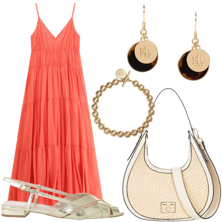 Outfit donna - Arancione Caldo. Stile Chic per Mare. Abbinamento con borse a mano, sandali, vestiti lunghi, braccialetti, orecchini.