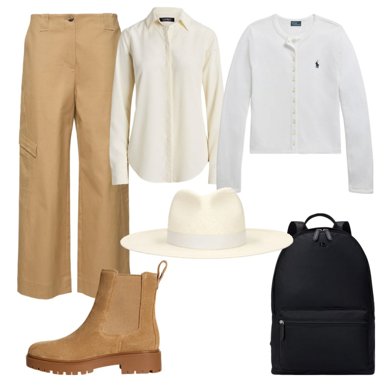 Outfit donna - Vacanze in montagna. Stile Trendy per Tutti i giorni. Abbinamento con camicie, zaini, cardigans, stivaletti chelsea, pantaloni cargo, cappelli.