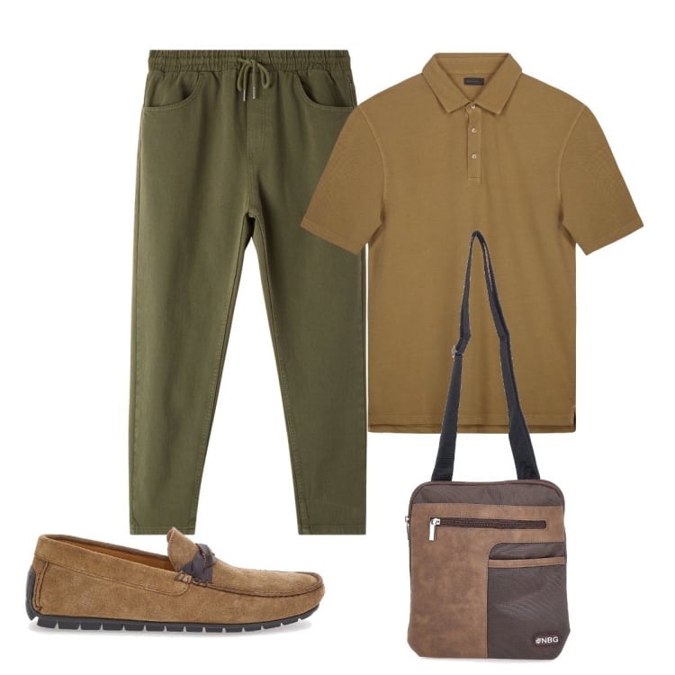 Outfit uomo - Passeggiata serale. Stile Casual per Tutti i giorni. Abbinamento con pantaloni, scarpe stringate, borse sportive, polo.