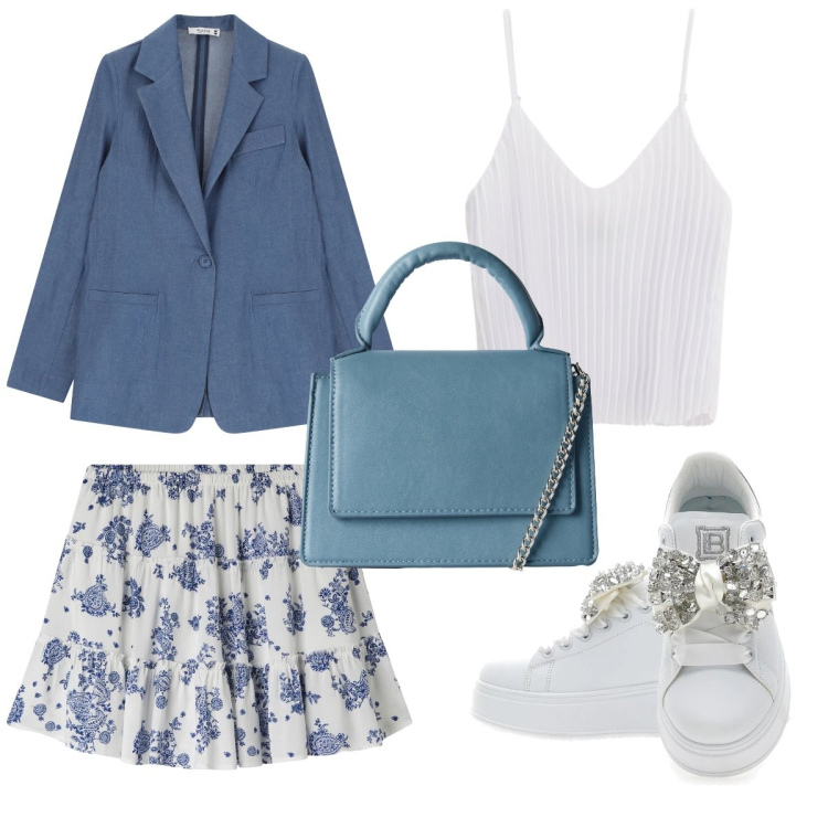 Outfit donna - Cerimonia a settembre. Stile Trendy per Cerimonia. Abbinamento con borse a tracolla, minigonne, blazer, top, sneakers.