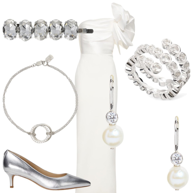 Outfit donna - Sposa di agosto. Stile Chic per Cerimonia. Abbinamento con braccialetti, décolleté, orecchini, anelli, accessori per capelli, vestiti.