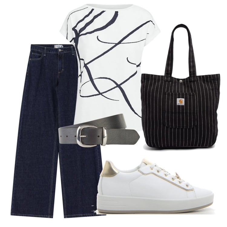 Outfit donna - In città. Stile Chic per Tutti i giorni. Abbinamento con cinture, jeans a zampa, maglieria, sneakers, borse tote.