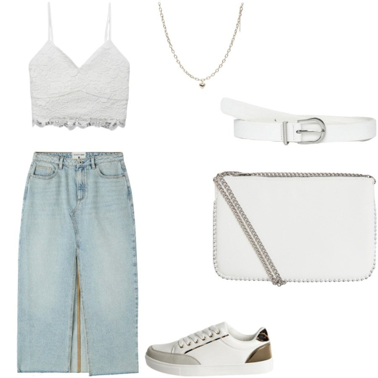 Outfit donna - Terranova look. Stile Casual chic per Tutti i giorni. Abbinamento con sneakers, gonne longuette, collane, canottiere, borse a tracolla, cinture.
