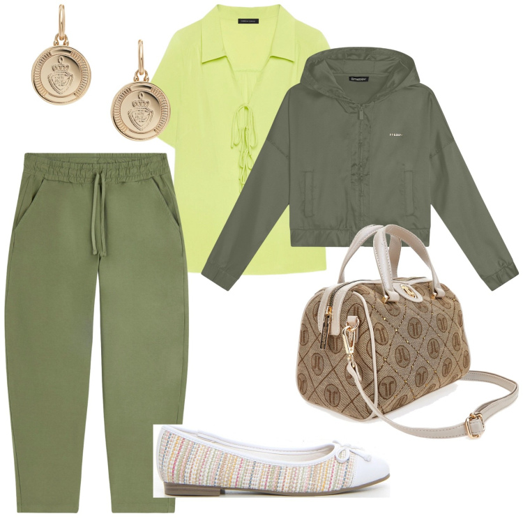 Outfit donna - Passeggiata in montagna ad agosto. per Tutti i giorni. Abbinamento con felpe con cappuccio, pantaloni, orecchini, bluse, borse a mano, ballerine.