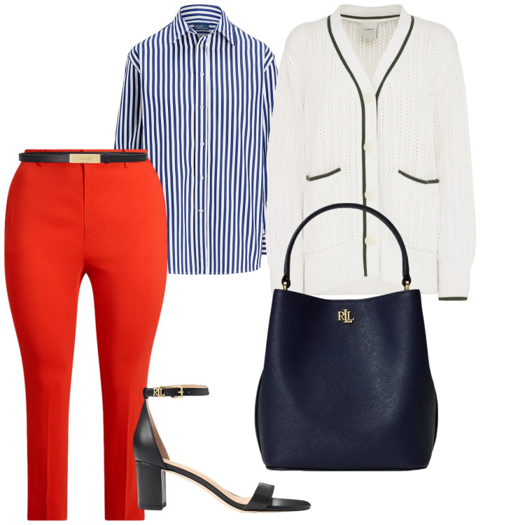 Outfit donna - Soggiorno al circolo. per Mare. Abbinamento con camicie, borse a secchiello, sandali in pelle, cinture, pantaloni, cardigans.