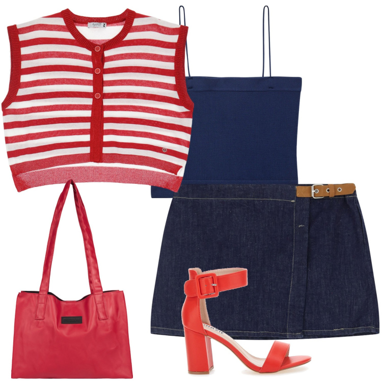Outfit donna - Gilet rigato. Stile Casual per Serata fuori. Abbinamento con canottiere, minigonne, gilet, shopping bag, sandali col tacco.