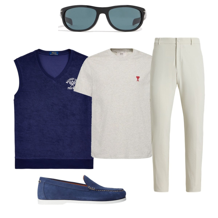 Outfit uomo - Stile…mare. Stile Trendy per Mare. Abbinamento con scarpe stringate, gilet, pantaloni, t-shirt, occhiali da sole.
