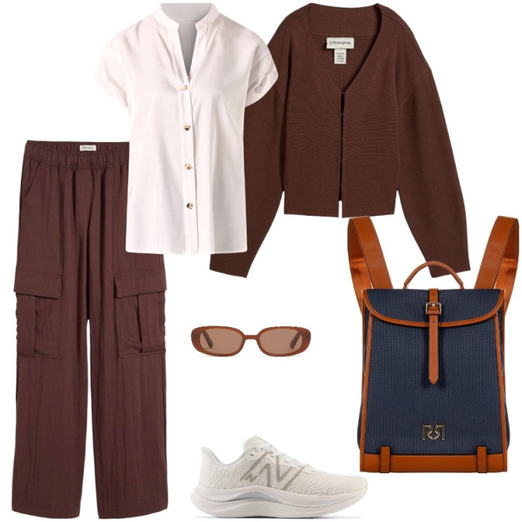 Outfit donna - Sentieri e vista mozzafiato. Stile Casual chic per Tutti i giorni. Abbinamento con pantaloni cargo, cardigans, scarpe sportive, zaini, camicie a manica corta, occhiali da sole.