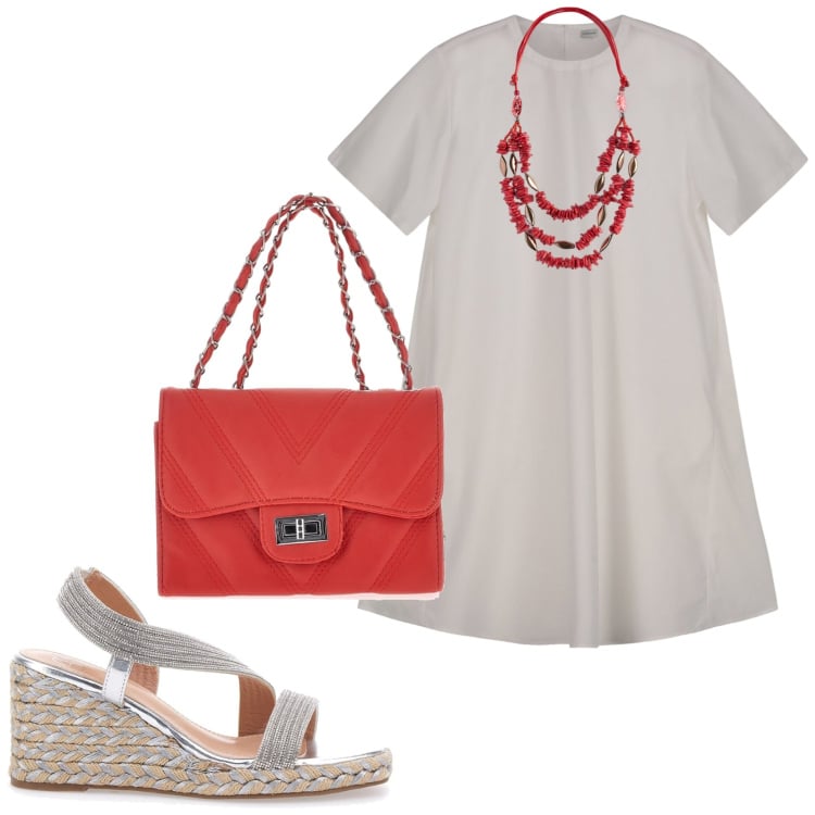 Outfit donna - Grigio e rosso. Stile Basic per Ufficio. Abbinamento con vestiti corti, sandali, collane, borse a tracolla.