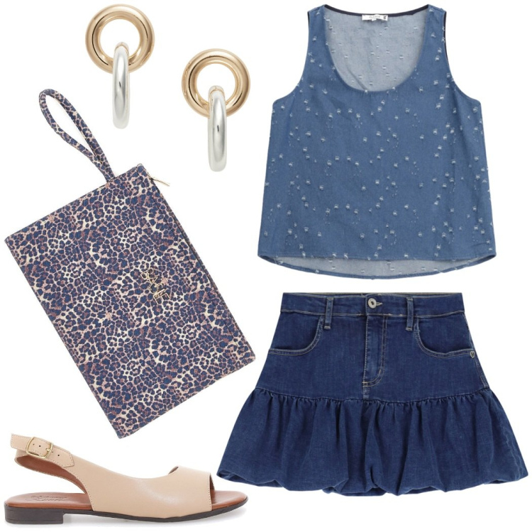 Outfit donna - Total look #2215215. Stile Casual chic per Tutti i giorni. Abbinamento con minigonne, top, orecchini, sandali in pelle, pochette.