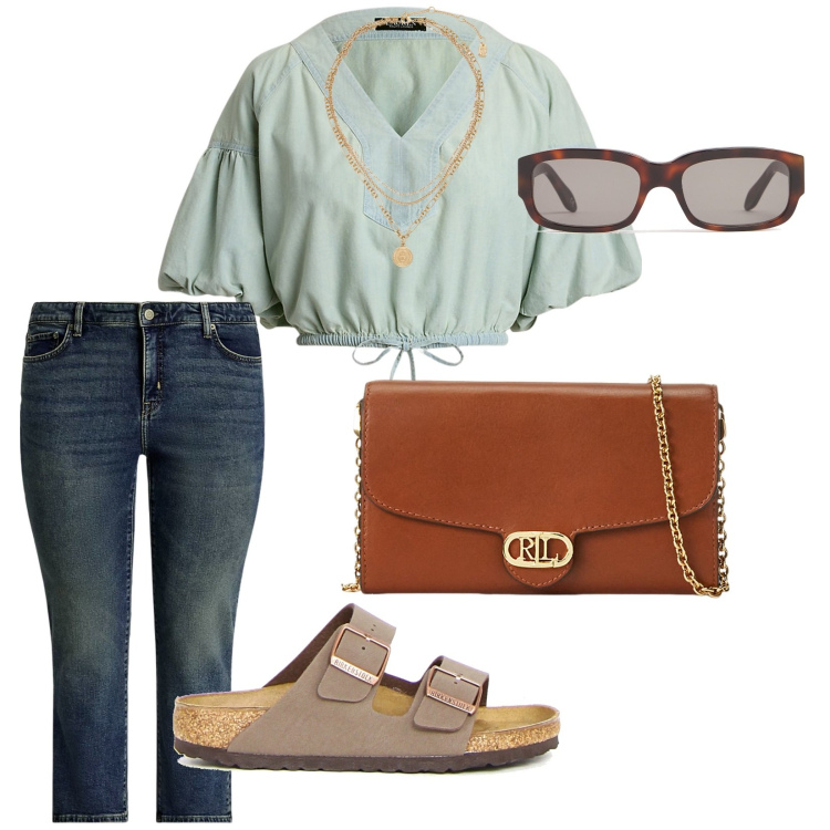 Outfit donna - I jeans ad agosto. per Tutti i giorni. Abbinamento con jeans dritti, ciondoli, borse a tracolla, camicie, ciabatte, occhiali da sole.