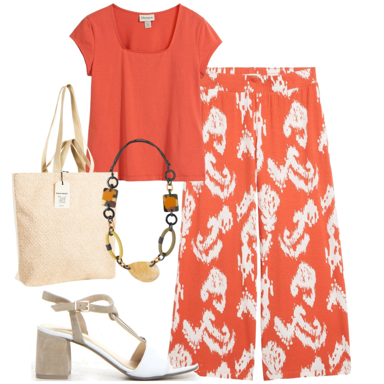 Outfit donna - Arancio vitamina. Stile Casual chic per Tutti i giorni. Abbinamento con pantaloni, t-shirt, borse tote, collane, sandali col tacco.