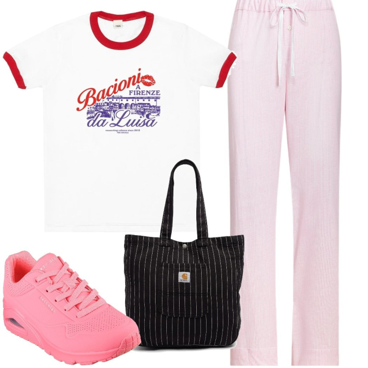 Outfit donna - Urban style. Stile Sporty chic per Tutti i giorni. Abbinamento con pantaloni, borse tote, sneakers, t-shirt.