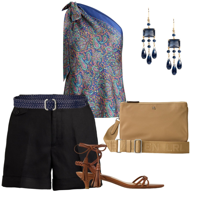 Outfit donna - Serate d\'agosto. per Serata fuori. Abbinamento con top, shorts, borse a tracolla, sandali col tacco, cinture, orecchini.