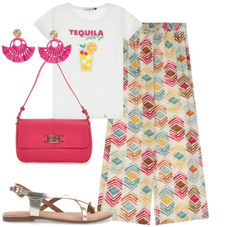 Outfit donna - Agosto a colori. Stile Urban per Tutti i giorni. Abbinamento con orecchini, pantaloni, t-shirt, borse a spalla, sandali in pelle.