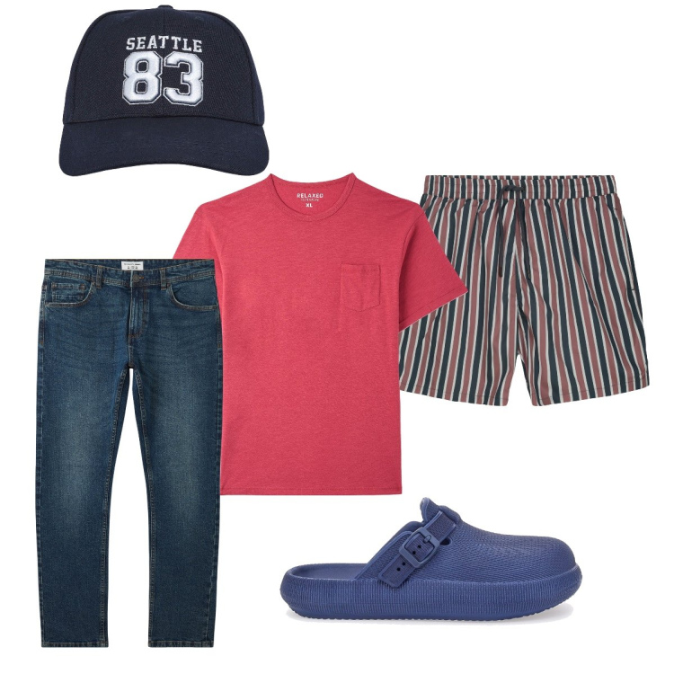 Outfit uomo - Al mare. Stile Casual per Mare. Abbinamento con t-shirt, jeans, cappelli, sandali, costumi.