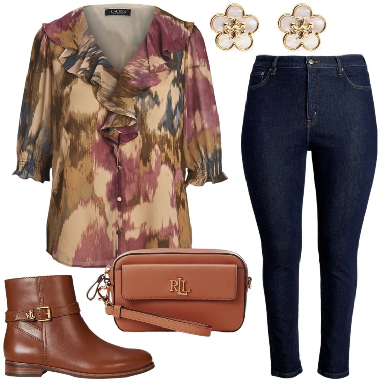 Outfit donna - Urban style. Stile Casual chic per Tutti i giorni. Abbinamento con pochette, jeans skinny, stivaletti, bluse, orecchini.