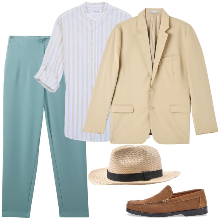 Outfit uomo - Un signore in vacanza. Stile Trendy per Ufficio. Abbinamento con pantaloni chino, giacche, camicie, scarpe stringate, cappelli.