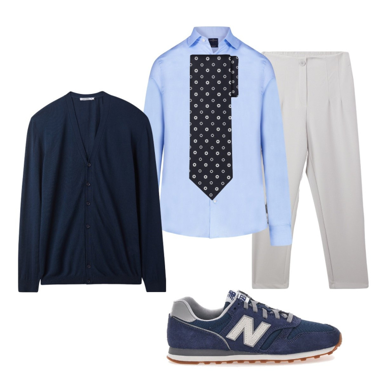 Outfit uomo - In ufficio. Stile Business/Elegante per Ufficio. Abbinamento con pantaloni chino, cardigans, sneakers, camicie, cravatte.