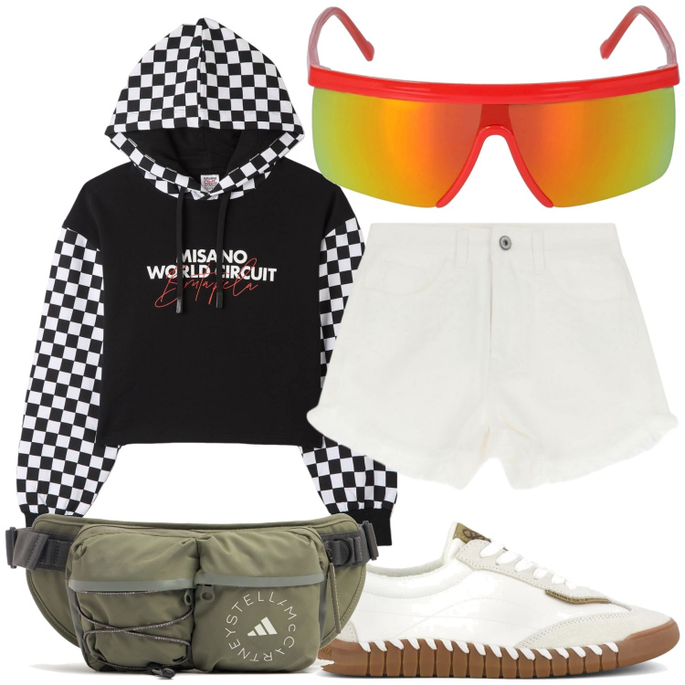 Outfit donna - Alta quota. Stile Casual per Tutti i giorni. Abbinamento con felpe con cappuccio, shorts, sneakers, occhiali da sole, marsupi.