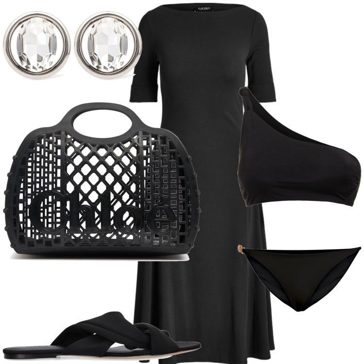 Outfit donna - In total black sul lungomare. Stile Glamour per Mare. Abbinamento con vestiti, sandali col tacco, orecchini, bikini, bikini, borse a mano.