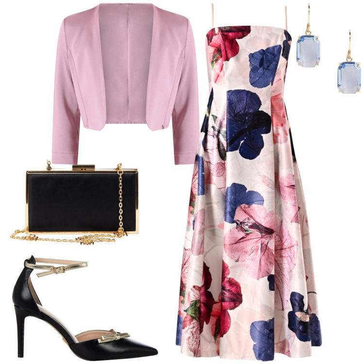 Outfit donna - C\'eri. Stile Chic per Cerimonia. Abbinamento con bolero, décolleté, pochette, vestiti midi/longuette, orecchini.