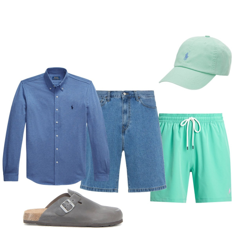 Outfit uomo - Al mare con Polo Ralph Lauren. Stile Casual per Mare. Abbinamento con cappelli, camicie, costumi, sandali, shorts.