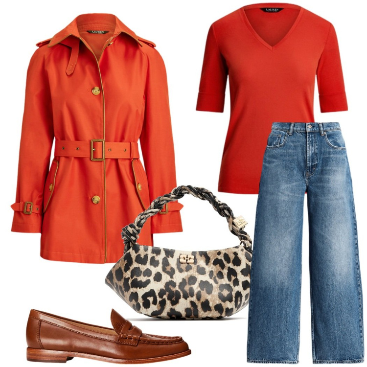 Outfit donna - Arancione in tutte le stagioni. Stile Casual chic per Tutti i giorni. Abbinamento con mocassini, jeans, t-shirt, trench, borse a mano.