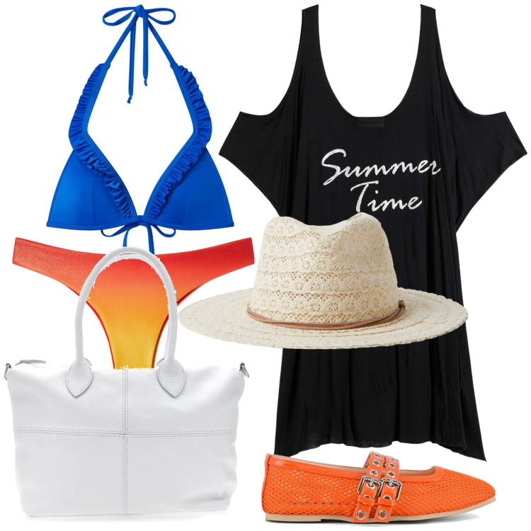 Outfit donna - Summer time. Stile Trendy per Mare. Abbinamento con vestiti da spiaggia, cappelli, bikini, bikini, ballerine, borse a mano.