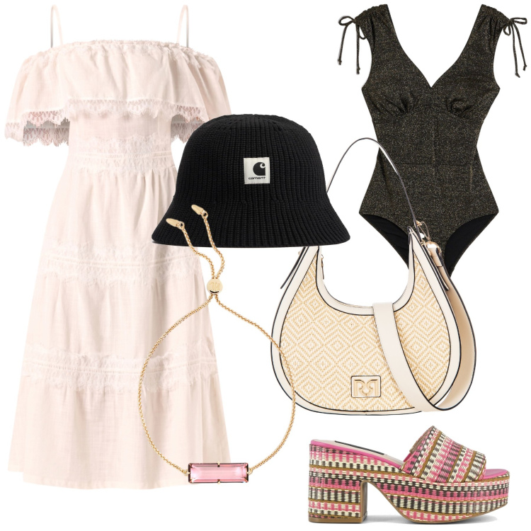 Outfit donna - Welcome to the beach. Stile Glamour per Mare. Abbinamento con costumi interi, borse a mano, vestiti lunghi, braccialetti, zeppe, cappelli.