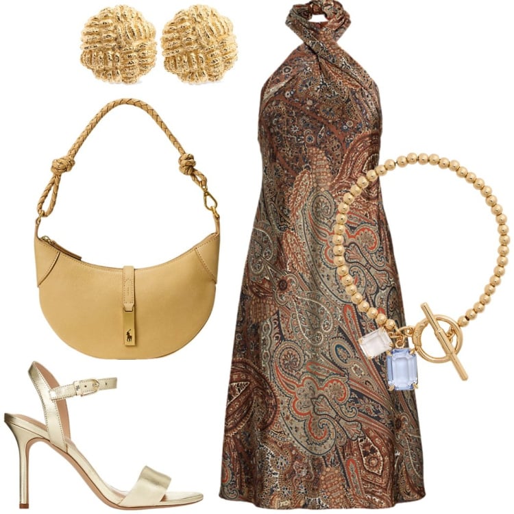 Outfit donna - Fantasia cachemire per la sera. Stile Chic per Serata fuori. Abbinamento con vestiti, sandali in pelle, braccialetti, borse a spalla, orecchini.