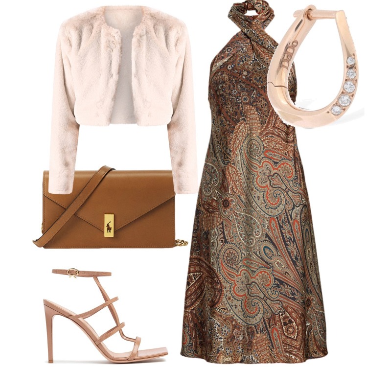 Outfit donna - Matrimonio in montagna. Stile Chic per Cerimonia. Abbinamento con bolero, vestiti, clutch, sandali in pelle, orecchini.