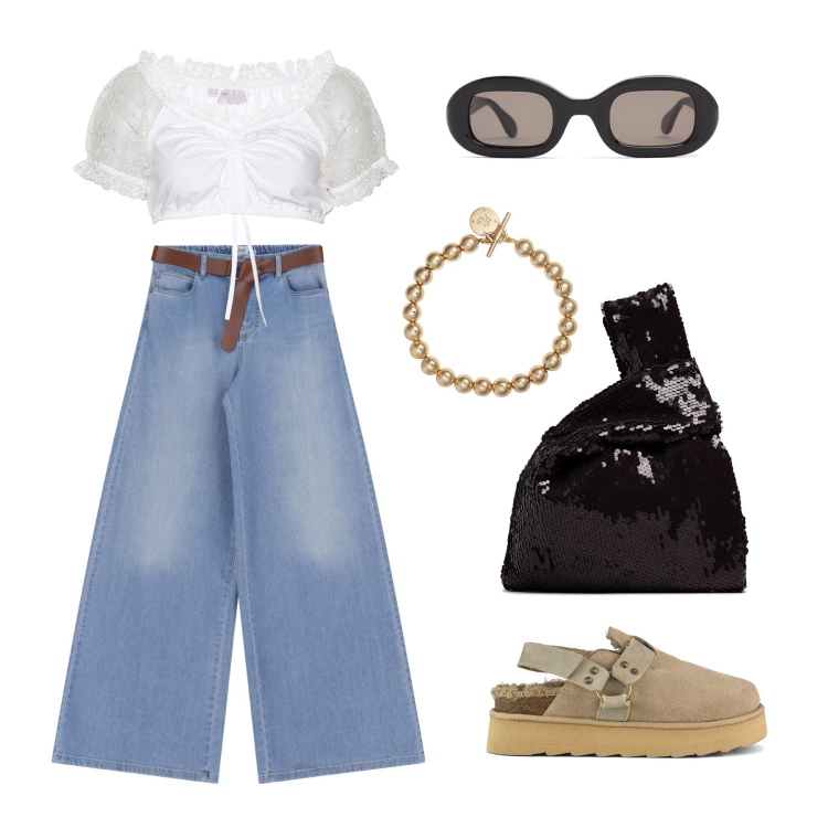 Outfit donna - Primavera-Estate 2025. Stile Trendy per Tutti i giorni. Abbinamento con camicie, jeans, braccialetti, sabot, occhiali da sole, pochette.