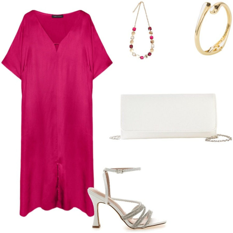 Outfit donna - L\'abito leggero e fluido. Stile Chic per Serata fuori. Abbinamento con pochette, braccialetti, vestiti lunghi, collane, sandali gioiello.