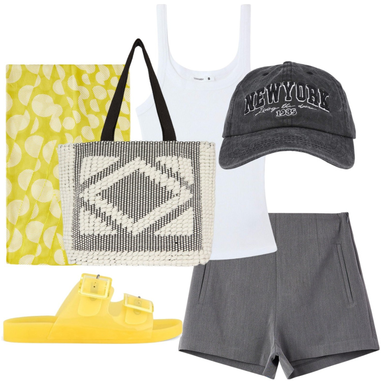 Outfit donna - L\'estate in shorts. Stile Minimal per Tutti i giorni. Abbinamento con shorts, canottiere, cappelli, stole, shopping bag, sandali.
