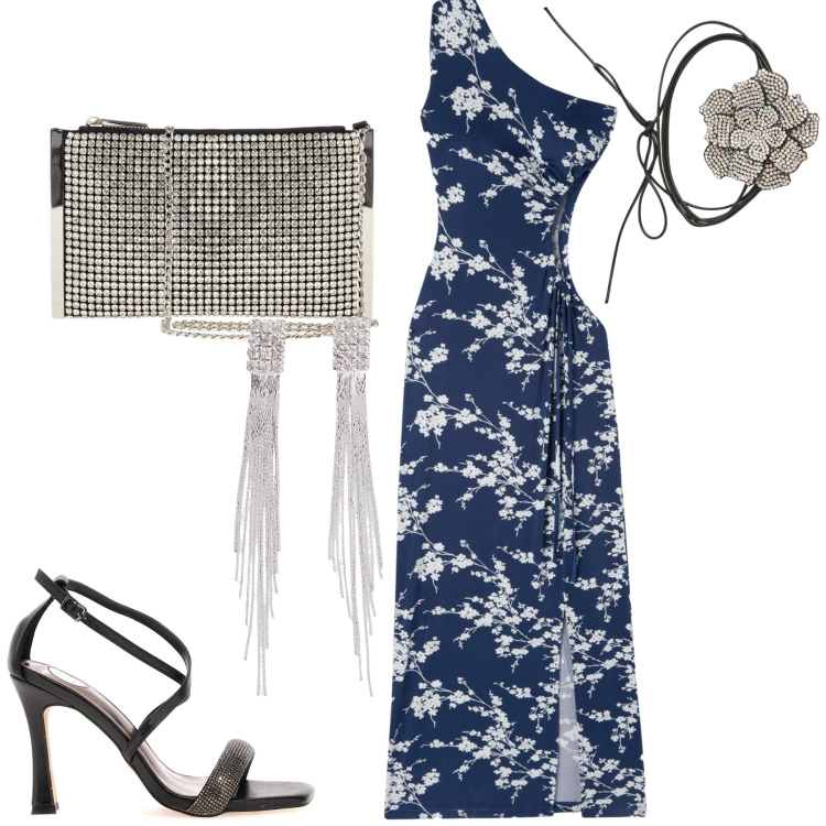 Outfit donna - Serata. Stile Sexy per Serata fuori. Abbinamento con orecchini, vestiti asimmetrici, collane, pochette, sandali col tacco.