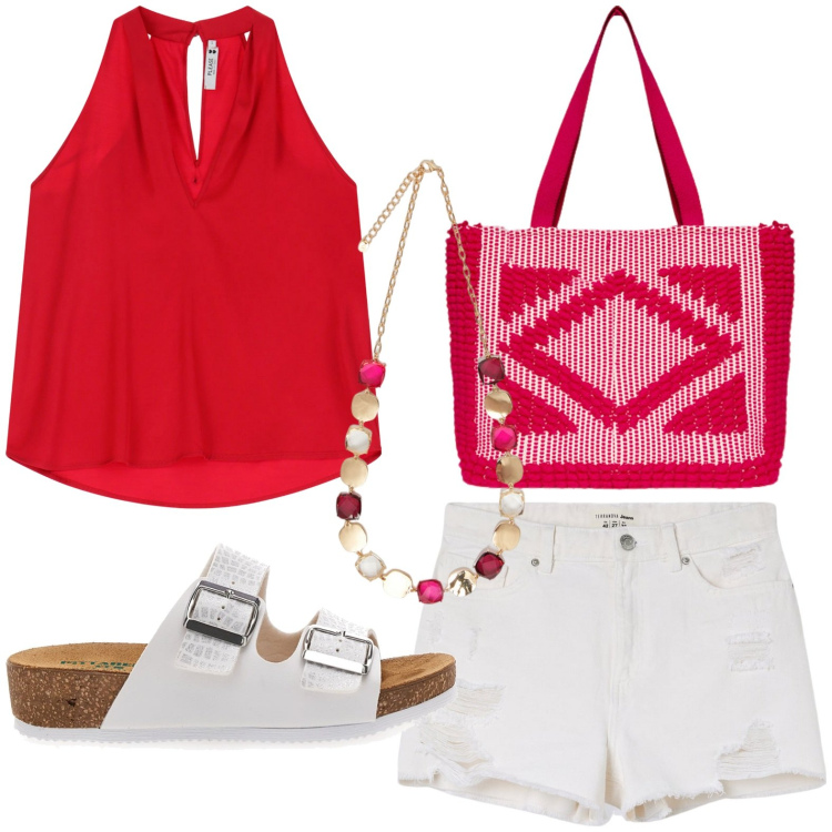 Outfit donna - Occasione easy. Stile Minimal per Tutti i giorni. Abbinamento con shorts, top, sandali, collane, borse a mano.