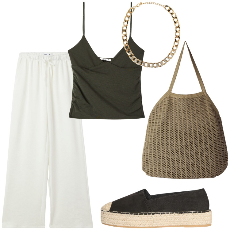 Outfit donna - Look da vacanza rilassata. Stile Casual chic per Tutti i giorni. Abbinamento con pantaloni, canottiere, collane, espadrillas, borse tote.