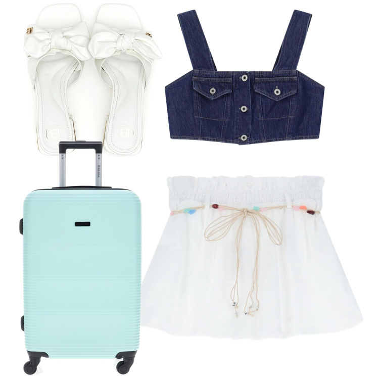Outfit donna - In vacanza. Stile Casual chic per Mare. Abbinamento con top, shorts, ciabatte, valigie.