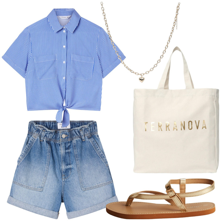 Outfit donna - Total look #2215264. Stile Casual per Tutti i giorni. Abbinamento con camicie a manica corta, shorts, collane, borse tote, ciabatte.