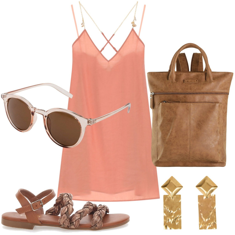 Outfit donna - Animo raffinato. Stile Romantica per Tutti i giorni. Abbinamento con occhiali da sole, zaini, vestiti corti, sandali, orecchini.