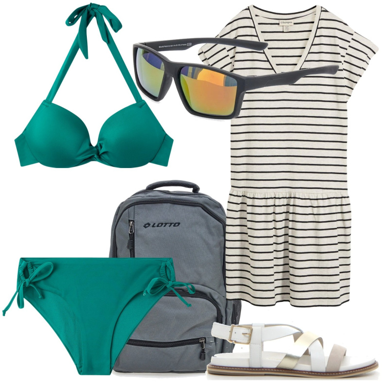 Outfit donna - Bikini smeraldo. Stile Urban per Mare. Abbinamento con vestiti, bikini, bikini, zaini, occhiali da sole, sandali.