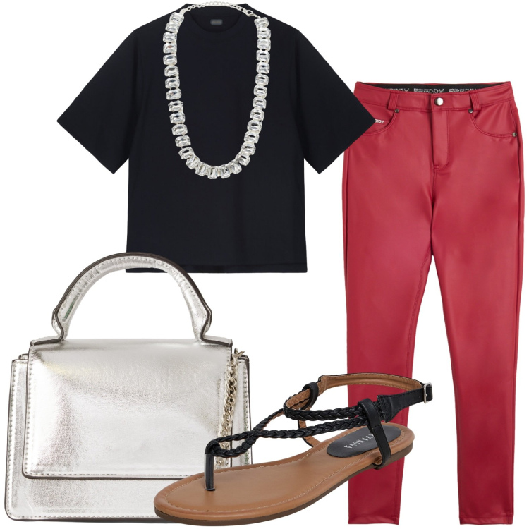 Outfit donna - La borsa argentata. Stile Glamour per Tutti i giorni. Abbinamento con ciabatte, borse a tracolla, collane, pantaloni skinny, t-shirt.