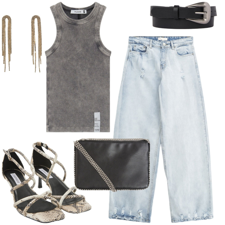 Outfit donna - Agosto. Stile Casual chic per Tutti i giorni. Abbinamento con sandali col tacco, borse a tracolla, orecchini, jeans, canottiere, cinture.